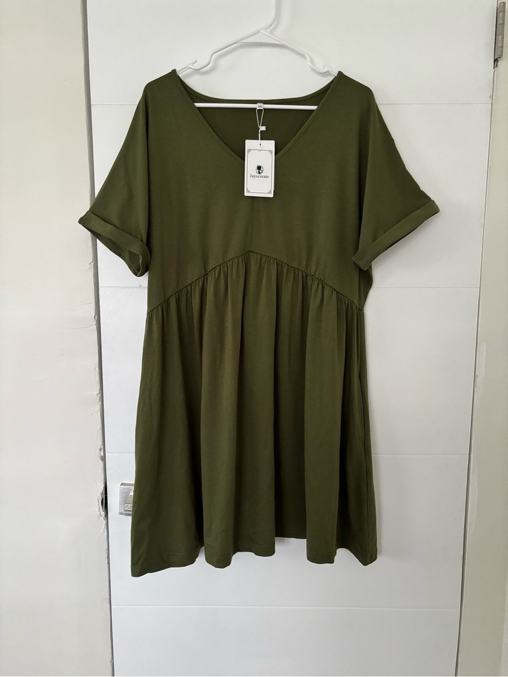 Olive V-Neck Mini Dress - Unbranded